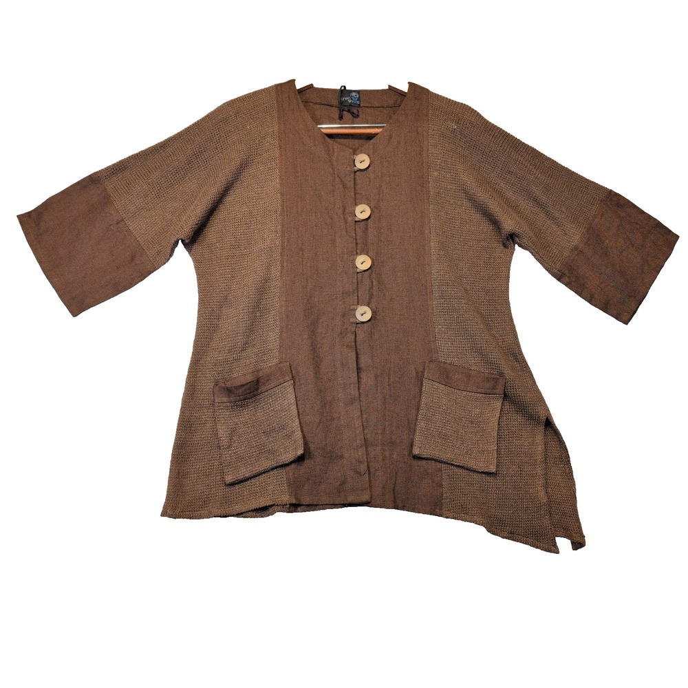 Lithuanian XL Brown 100% Linen Knit Jacket Wood Button asymmetrical Lagenlook